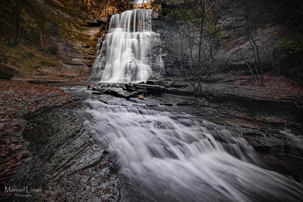 Cascata e salti d acqua nel bosco autunnale