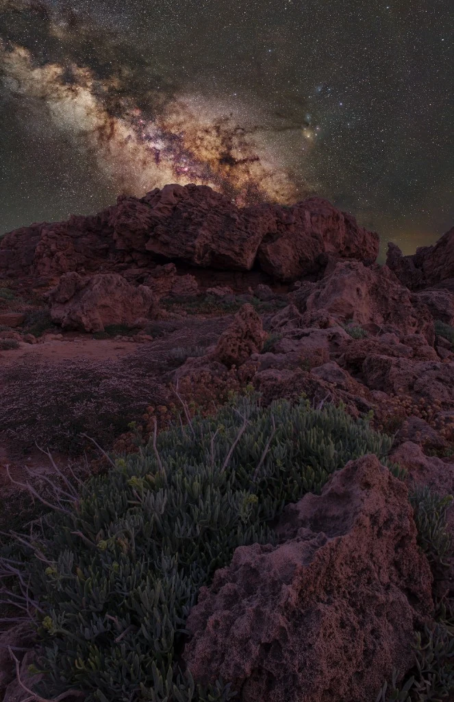 Paesaggio costiero notturno con vegetazione e Via Lattea a Minorca